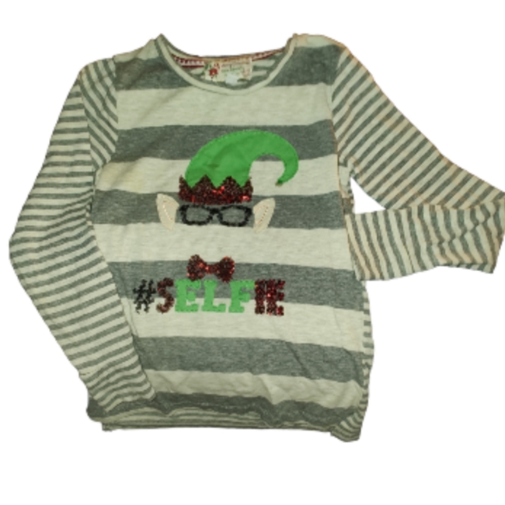 Merry Christmas By Poof Girls Striped Sequined #SELFIE Top Christmas Size Small